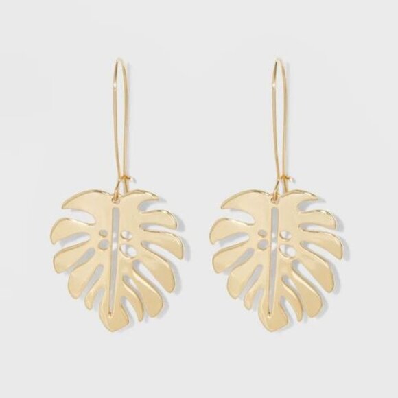 Gold Tone Monstera Leaf Earrings - Picture 1 of 7